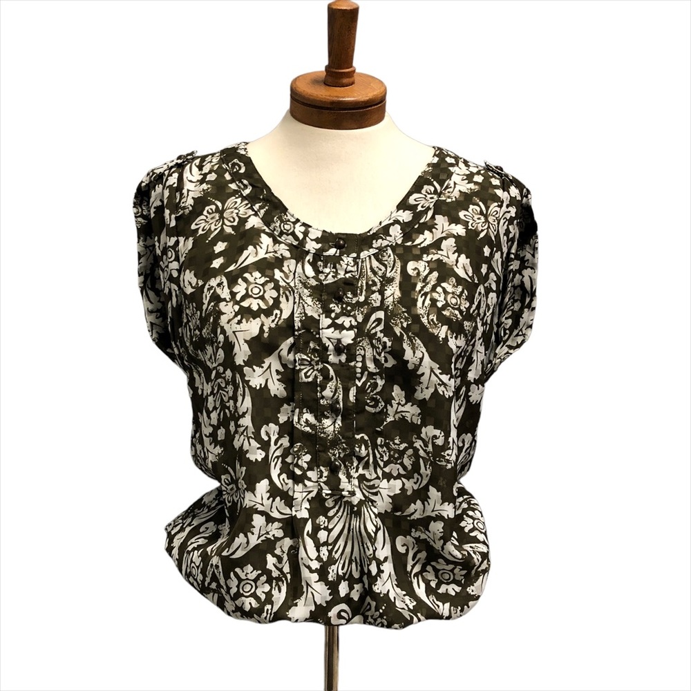 RW & Co Sleeveless Khaki Patterned Blouse, Sz M, Elastic Waist